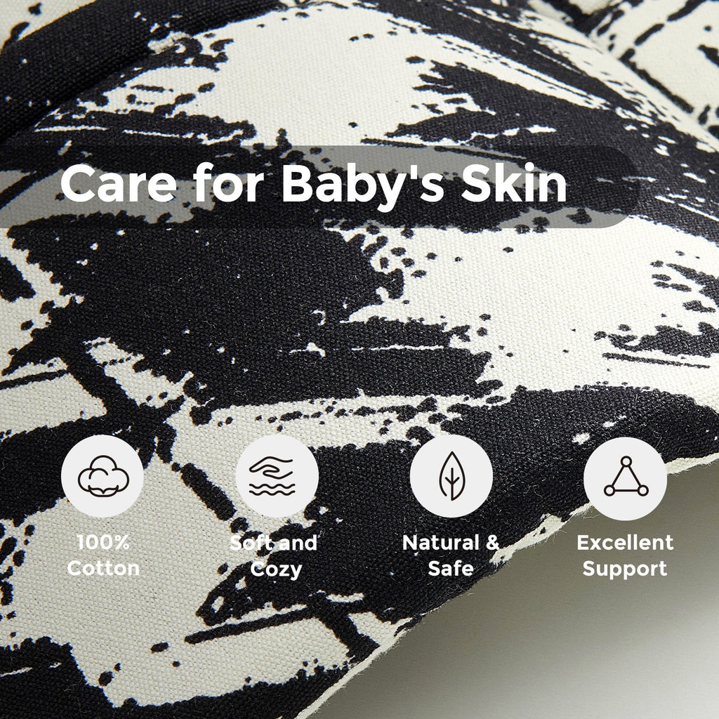 Momcozy PureHug baby carrier fabric detail: 100% cotton, soft & cozy, natural & safe, excellent support for baby's skin.