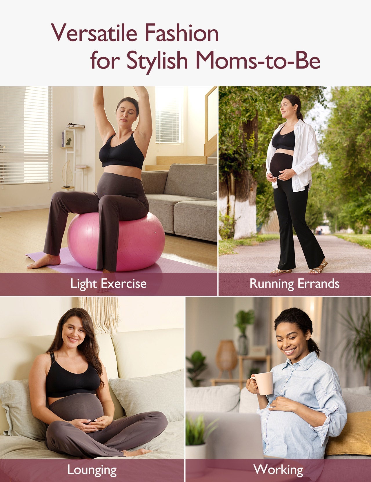 A collage showing the maternity lifestyle in workout flare leggings: exercising, running errands, lounging, and working.
